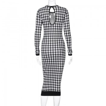  Houndstooth Print Women Long Sleeve Midi Dress Hollow Out Bodycon Sexy